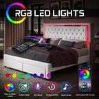 AMERLIFE Lit Cadre avec Lumières LED et Tiroirs de Rangement, Lit Plateforme Rembourré en Velours
