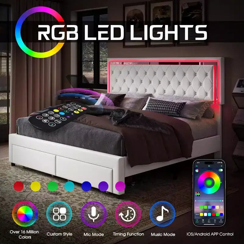 AMERLIFE Lit Cadre avec Lumières LED et Tiroirs de Rangement, Lit Plateforme Rembourré en Velours