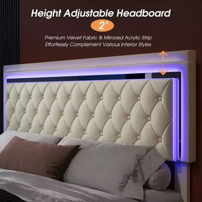 AMERLIFE Lit Cadre avec Lumières LED et Tiroirs de Rangement, Lit Plateforme Rembourré en Velours