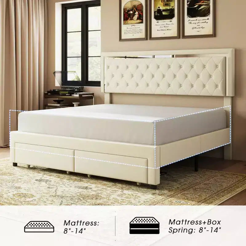 AMERLIFE Lit Cadre avec Lumières LED et Tiroirs de Rangement, Lit Plateforme Rembourré en Velours