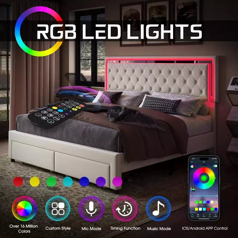 AMERLIFE Lit Cadre avec Lumières LED et Tiroirs de Rangement, Lit Plateforme Rembourré en Velours
