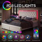 AMERLIFE Lit Cadre avec Lumières LED et Tiroirs de Rangement, Lit Plateforme Rembourré en Velours