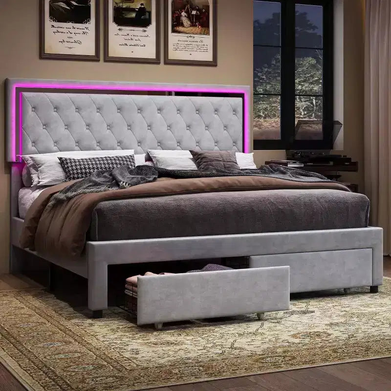 AMERLIFE Lit Cadre avec Lumières LED et Tiroirs de Rangement, Lit Plateforme Rembourré en Velours