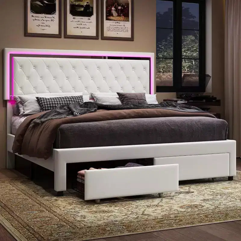 AMERLIFE Lit Cadre avec Lumières LED et Tiroirs de Rangement, Lit Plateforme Rembourré en Velours
