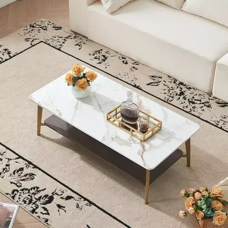 GDFStudio Nat 47.24 Table basse rectangulaire à double couche en fer avec plateau en céramique et étagère en bois