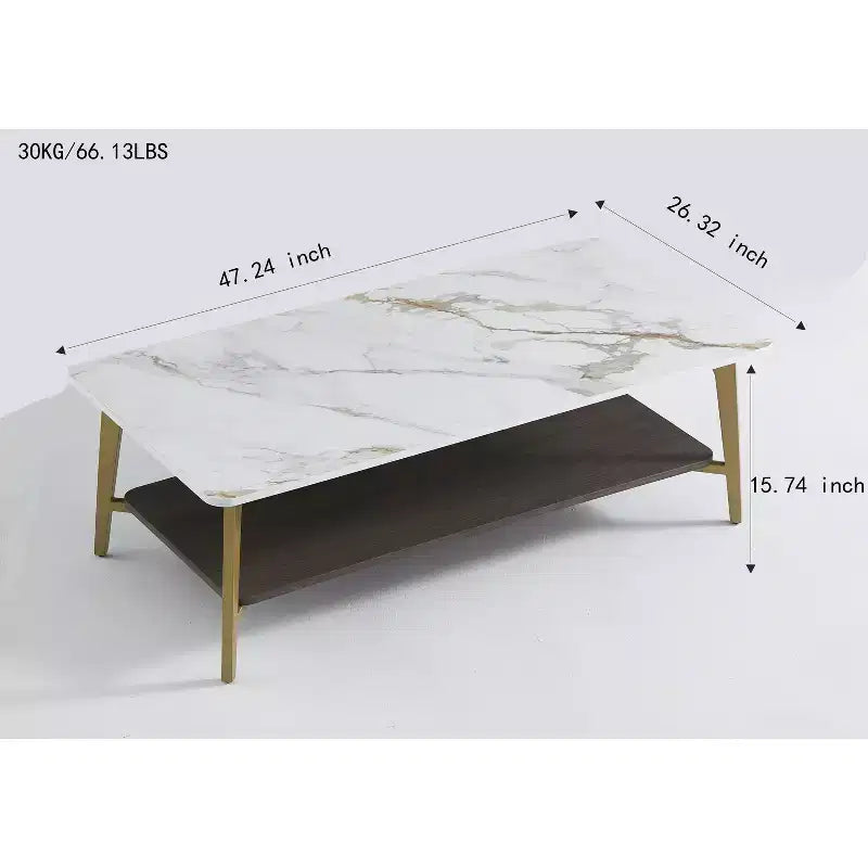 GDFStudio Nat 47.24 Table basse rectangulaire à double couche en fer avec plateau en céramique et étagère en bois