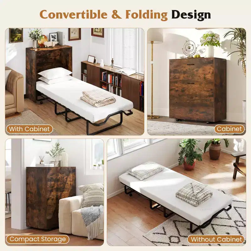 Lit escamotable Costway de taille lit de camp avec rangement, armoire roulante Murphy avec lit pliant