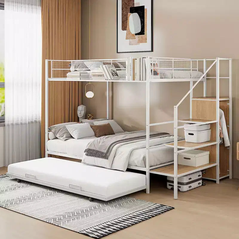 Lits superposés jumeaux sur lits complets Okak pour enfants, cadre de lit plateforme en métal avec lit gigogne et échelle de rangement latérale, armoire pour chambre, blanc
