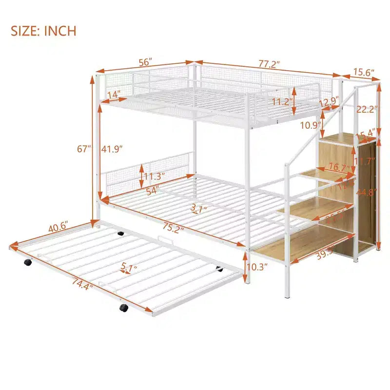 Lits superposés jumeaux sur lits complets Okak pour enfants, cadre de lit plateforme en métal avec lit gigogne et échelle de rangement latérale, armoire pour chambre, blanc