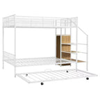 Lits superposés jumeaux sur lits complets Okak pour enfants, cadre de lit plateforme en métal avec lit gigogne et échelle de rangement latérale, armoire pour chambre, blanc
