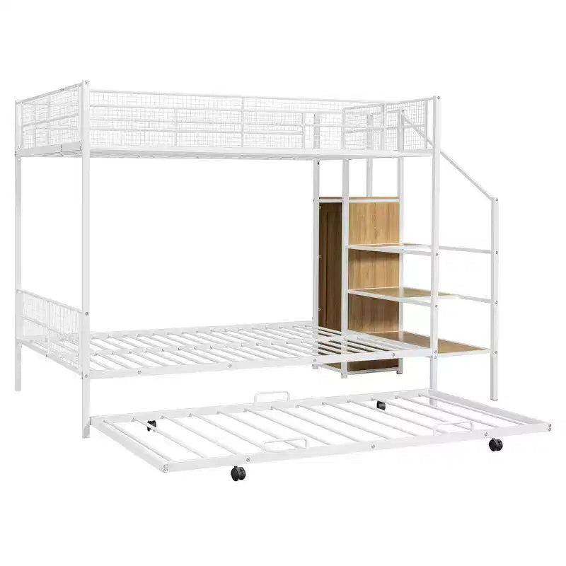 Lits superposés jumeaux sur lits complets Okak pour enfants, cadre de lit plateforme en métal avec lit gigogne et échelle de rangement latérale, armoire pour chambre, blanc