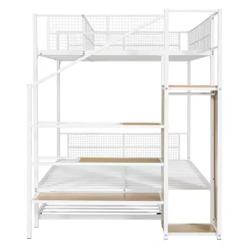 Lits superposés jumeaux sur lits complets Okak pour enfants, cadre de lit plateforme en métal avec lit gigogne et échelle de rangement latérale, armoire pour chambre, blanc