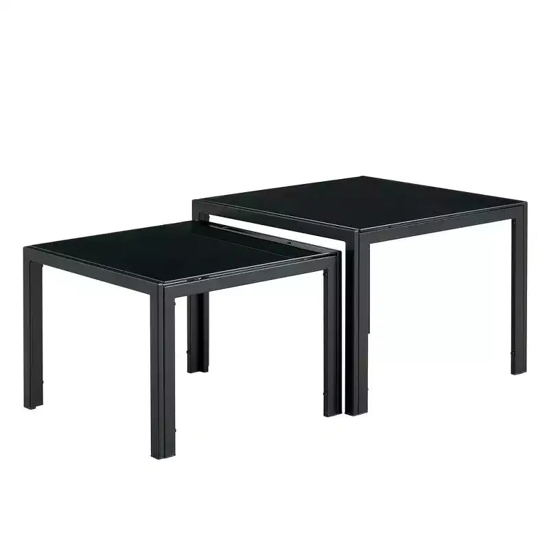 Table basse empilable carrée/rectangulaire moderne Okak, lot de 2 tables basses gigognes avec finition en verre trempé pour salon/bureau, gain de place