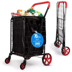 SereneLife Small Foldable Shopping Cart with Removable Cart Liner - 360 Rolling Swivel Wheels, 70 lbs Weight Capacity