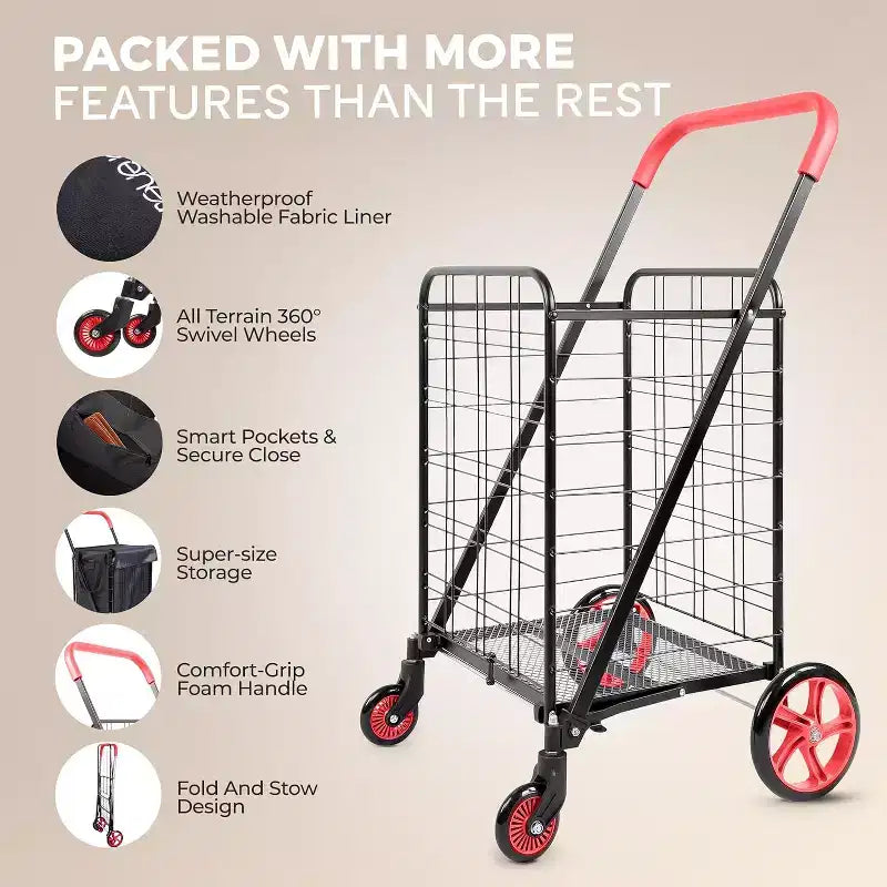 SereneLife Petit chariot de courses pliable avec doublure amovible – Roues pivotantes à 360°, capacité de poids de 32 kg