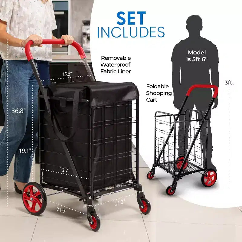 SereneLife Petit chariot de courses pliable avec doublure amovible – Roues pivotantes à 360°, capacité de poids de 32 kg