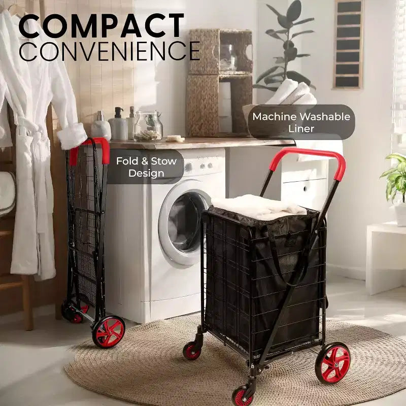 SereneLife Petit chariot de courses pliable avec doublure amovible – Roues pivotantes à 360°, capacité de poids de 32 kg