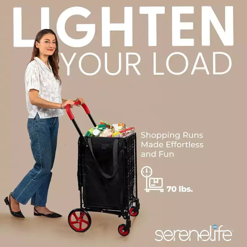SereneLife Petit chariot de courses pliable avec doublure amovible – Roues pivotantes à 360°, capacité de poids de 32 kg