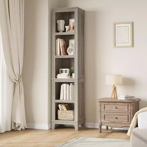 5 Tier Bookcase with Adjustable Shelves, 71 Tall Bookshelf w/ Wooden Legs, Farmhouse Bookcase for Living Room Office