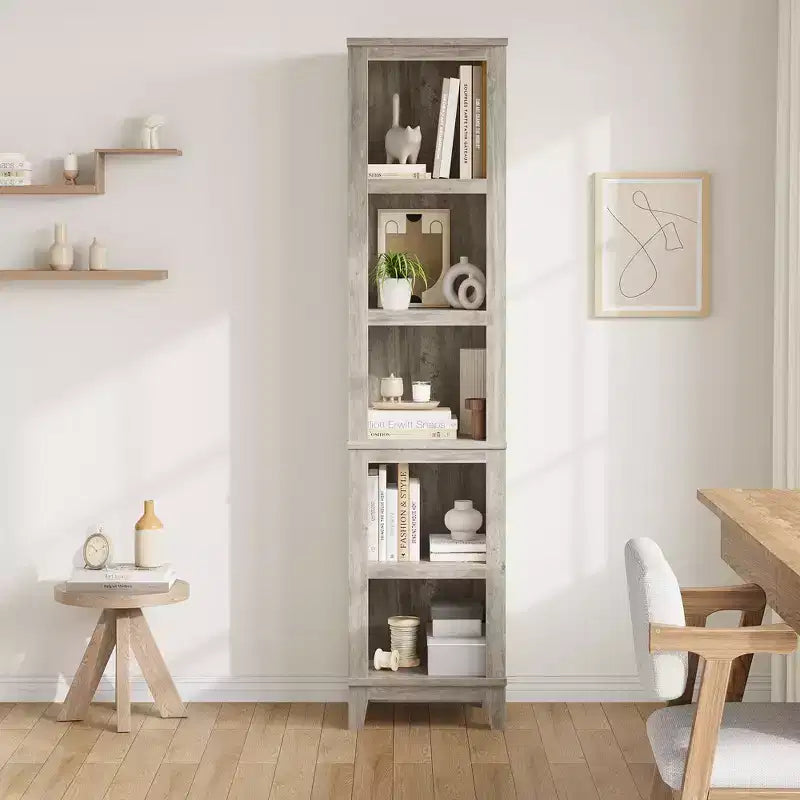 Bibliothèque à 5 niveaux avec étagères réglables, bibliothèque de 180 cm de haut avec pieds en bois, bibliothèque de style ferme pour salon et bureau