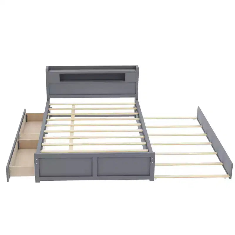 Lit plateforme Whisen Queen Size en bois avec rangement, LED, 2 tiroirs et 1 lit gigogne