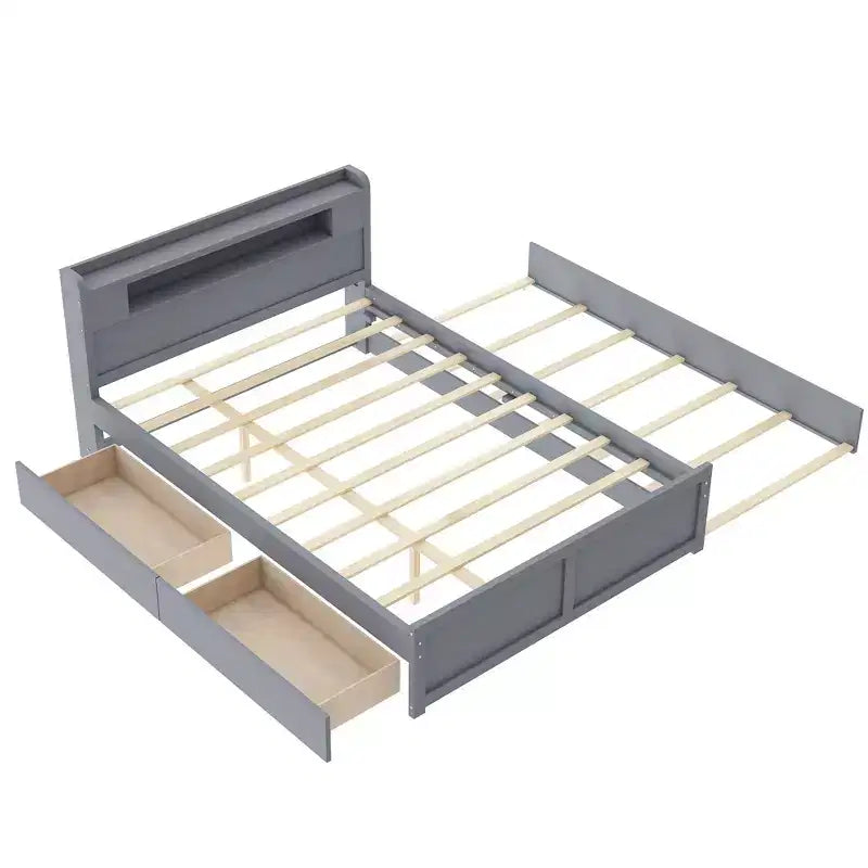 Lit plateforme Whisen Queen Size en bois avec rangement, LED, 2 tiroirs et 1 lit gigogne