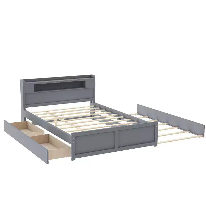 Lit plateforme Whisen Queen Size en bois avec rangement, LED, 2 tiroirs et 1 lit gigogne