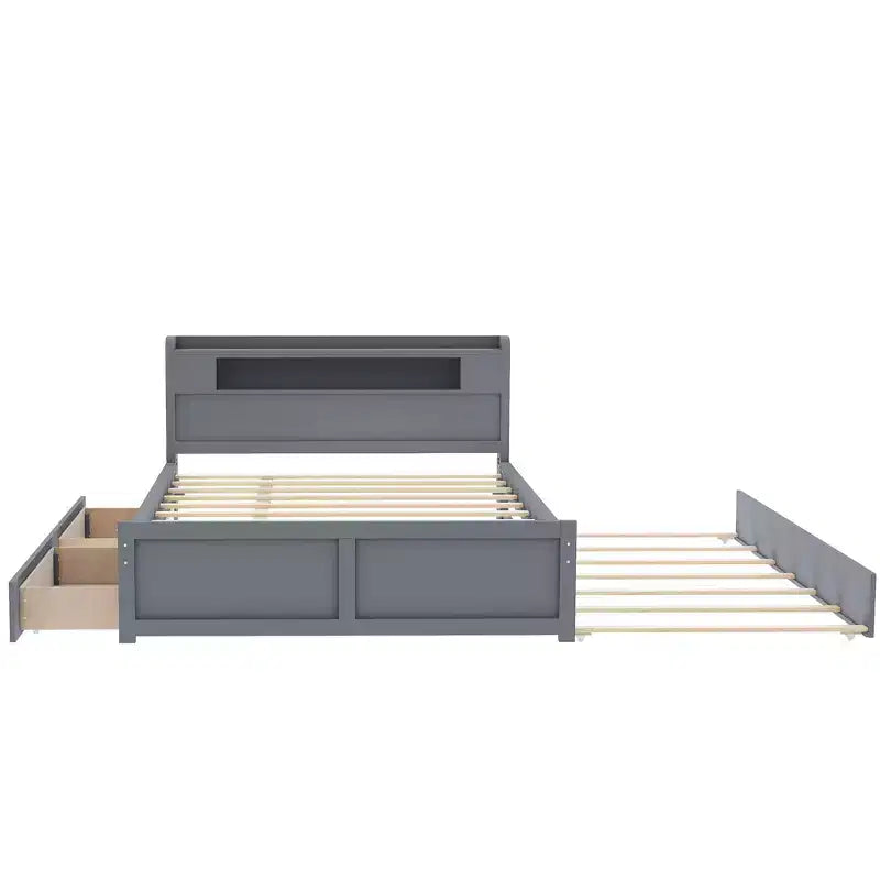 Lit plateforme Whisen Queen Size en bois avec rangement, LED, 2 tiroirs et 1 lit gigogne