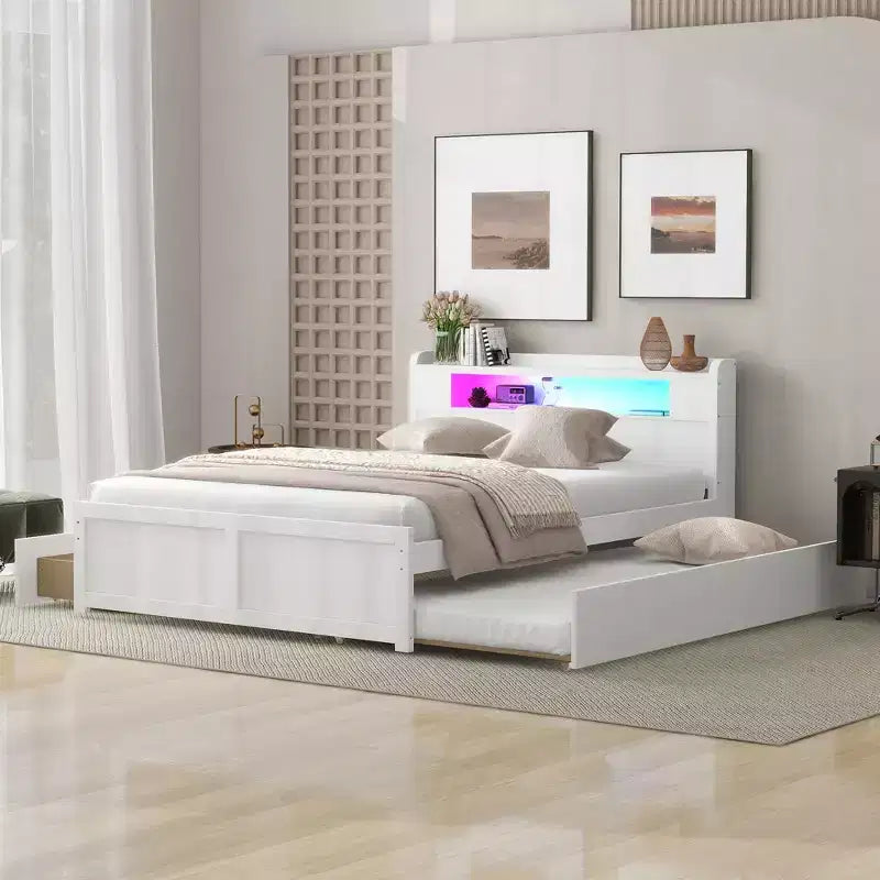Lit plateforme Whisen Queen Size en bois avec rangement, LED, 2 tiroirs et 1 lit gigogne