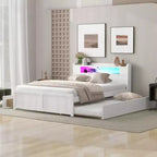 Lit plateforme Whisen Queen Size en bois avec rangement, LED, 2 tiroirs et 1 lit gigogne