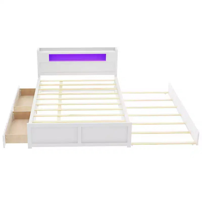 Lit plateforme Whisen Queen Size en bois avec rangement, LED, 2 tiroirs et 1 lit gigogne