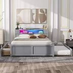Lit plateforme Whisen Queen Size en bois avec rangement, LED, 2 tiroirs et 1 lit gigogne