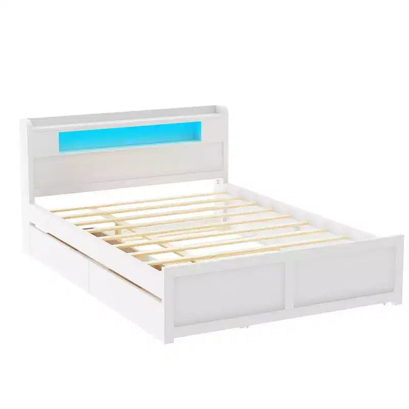 Lit plateforme Whisen Queen Size en bois avec rangement, LED, 2 tiroirs et 1 lit gigogne