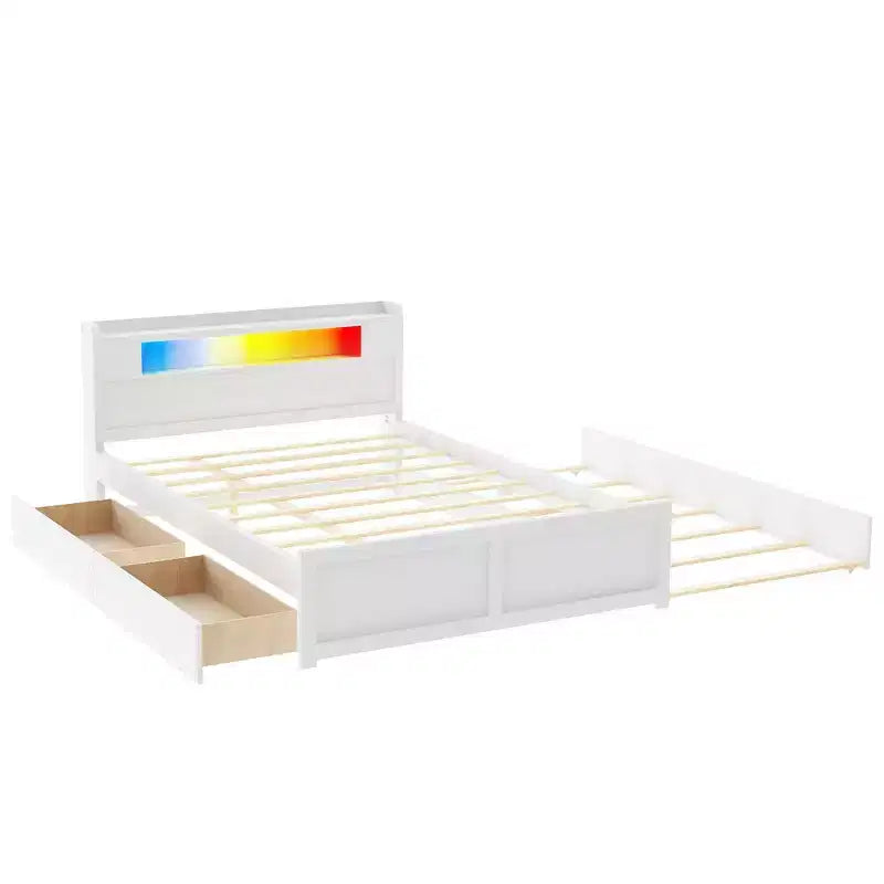 Lit plateforme Whisen Queen Size en bois avec rangement, LED, 2 tiroirs et 1 lit gigogne