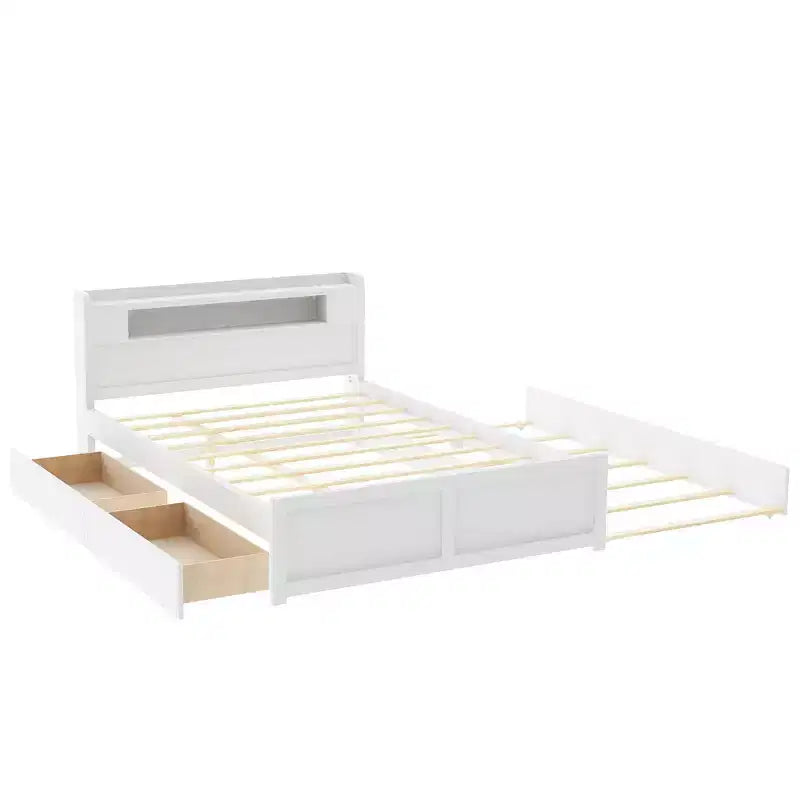 Lit plateforme Whisen Queen Size en bois avec rangement, LED, 2 tiroirs et 1 lit gigogne