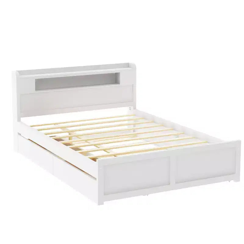 Lit plateforme Whisen Queen Size en bois avec rangement, LED, 2 tiroirs et 1 lit gigogne