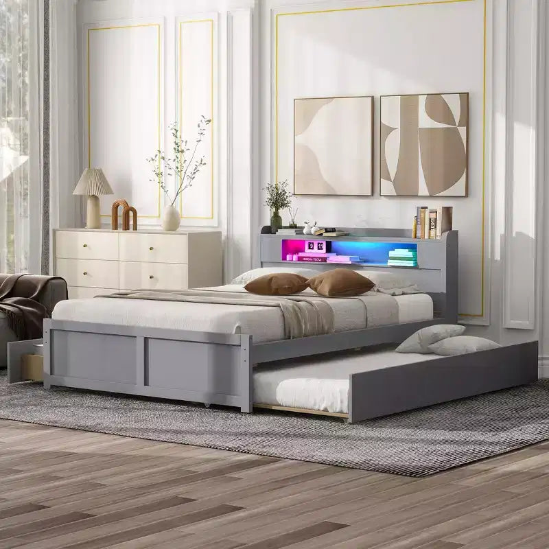 Lit plateforme Whisen Queen Size en bois avec rangement, LED, 2 tiroirs et 1 lit gigogne