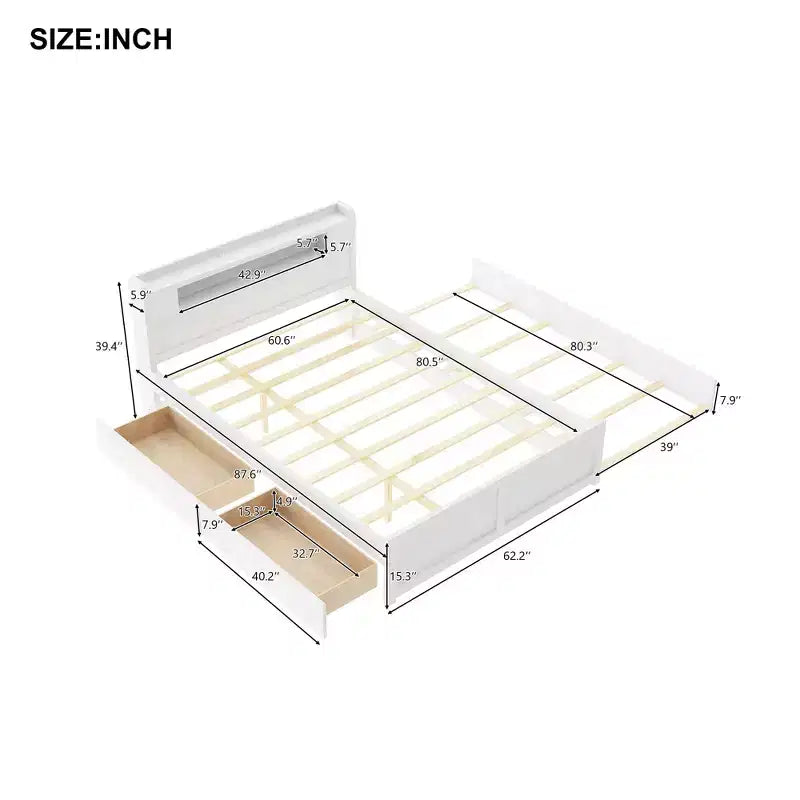 Lit plateforme Whisen Queen Size en bois avec rangement, LED, 2 tiroirs et 1 lit gigogne