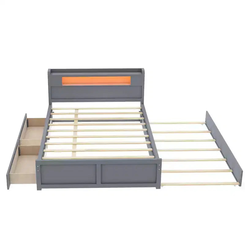 Lit plateforme Whisen Queen Size en bois avec rangement, LED, 2 tiroirs et 1 lit gigogne