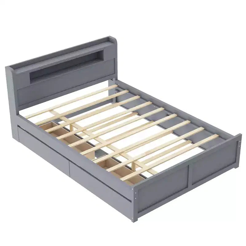Lit plateforme Whisen Queen Size en bois avec rangement, LED, 2 tiroirs et 1 lit gigogne