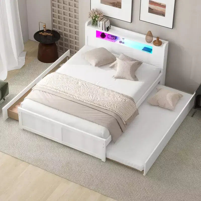 Lit plateforme Whisen Queen Size en bois avec rangement, LED, 2 tiroirs et 1 lit gigogne