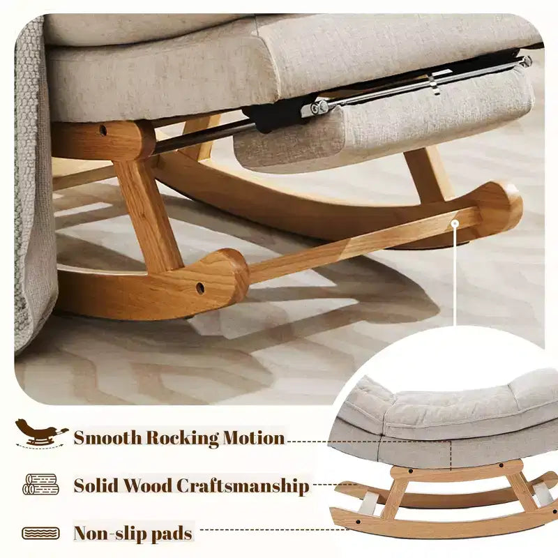 Fauteuil à bascule Hyleory en bois massif rembourré avec repose-pieds escamotable
