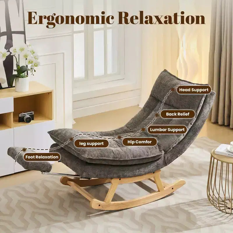 Fauteuil à bascule Hyleory en bois massif rembourré avec repose-pieds escamotable