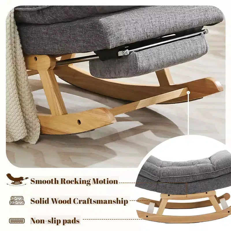 Fauteuil à bascule Hyleory en bois massif rembourré avec repose-pieds escamotable