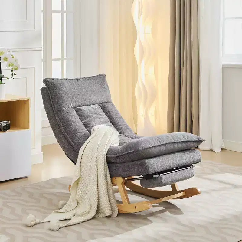 Hyleory Solid Wood Upholstered Rocking Chair with Retractable Hidden Footrest