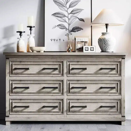 55 Farmhouse Chest of Drawers, 6 Drawer Dresser, with Natural Texture, with Metal Handle, for Living Room, Entryway