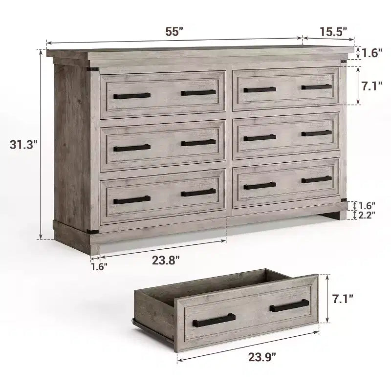 Commode de ferme 55, commode 6 tiroirs, texture naturelle, poignée en métal, pour salon, entrée