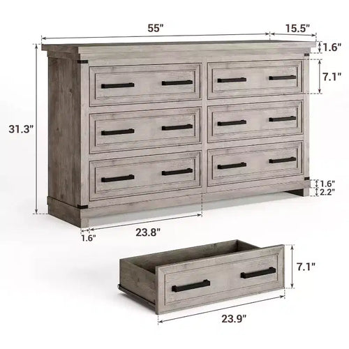 Commode de ferme 55, commode 6 tiroirs, texture naturelle, poignée en métal, pour salon, entrée