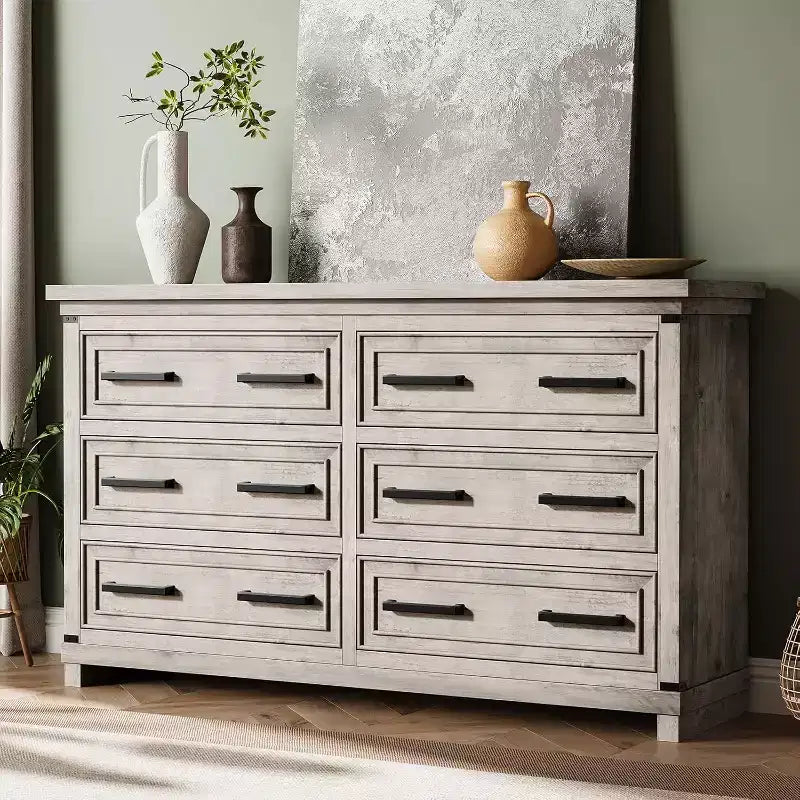 Commode de ferme 55, commode 6 tiroirs, texture naturelle, poignée en métal, pour salon, entrée