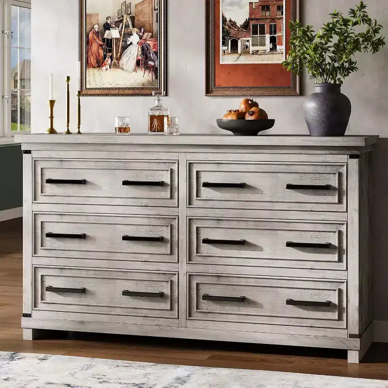 Commode de ferme 55, commode 6 tiroirs, texture naturelle, poignée en métal, pour salon, entrée